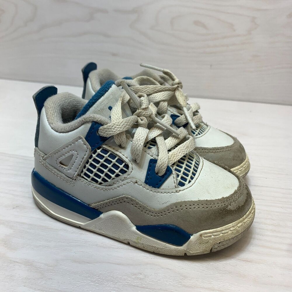 Nike Air Jordan 4 Retro Sneakers Toddlers Size 7C White Military‎ Blue Comfort